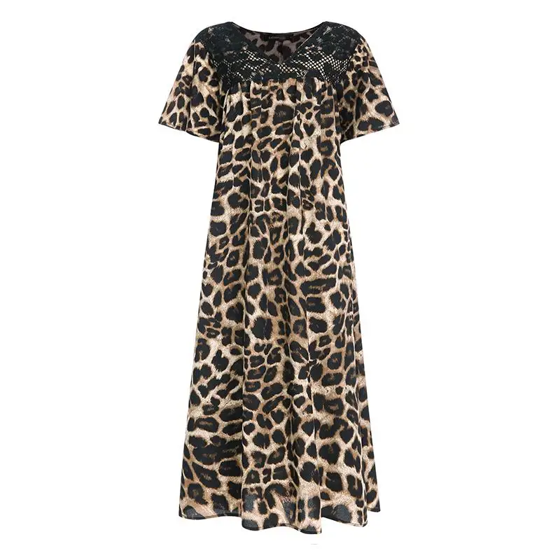 Женское длинное Макси платье, богемное леопардовое пляжное платье с коротким рукавом, повседневные кружевные плиссированные вечерние платья 5XL - Цвет: Хаки