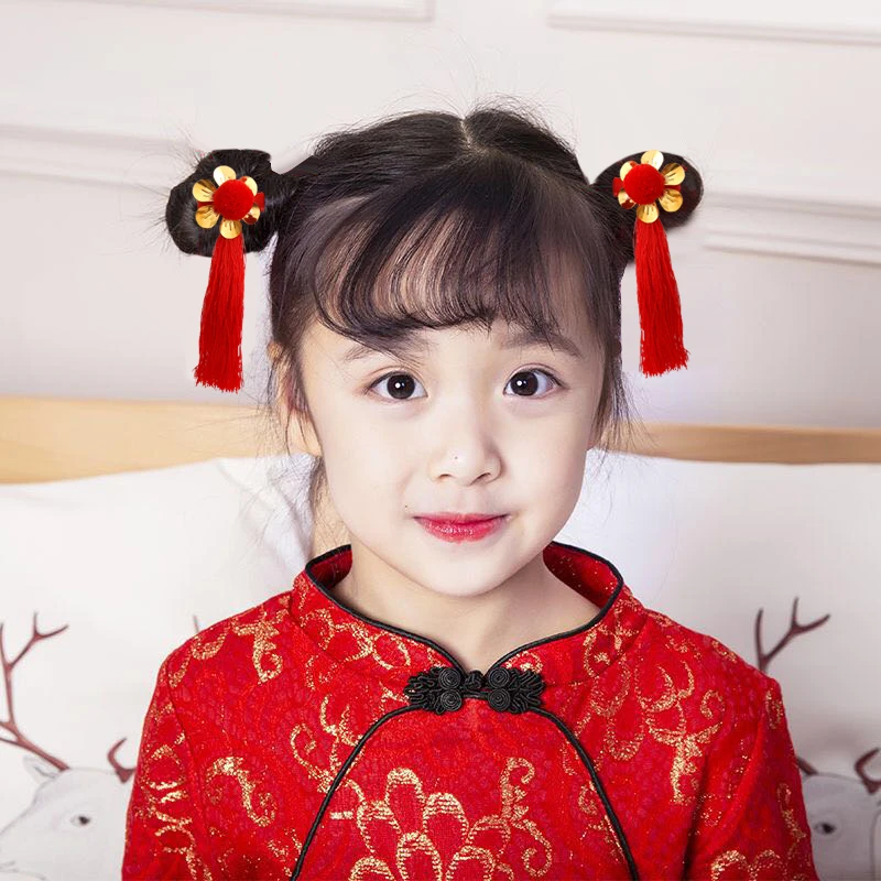 Fluffy Hair Ball Dangle Headwear for Girl Daughter Red Lucky Long Tassel Sun Flower Child Drop Hairwear Happy New Year Gift