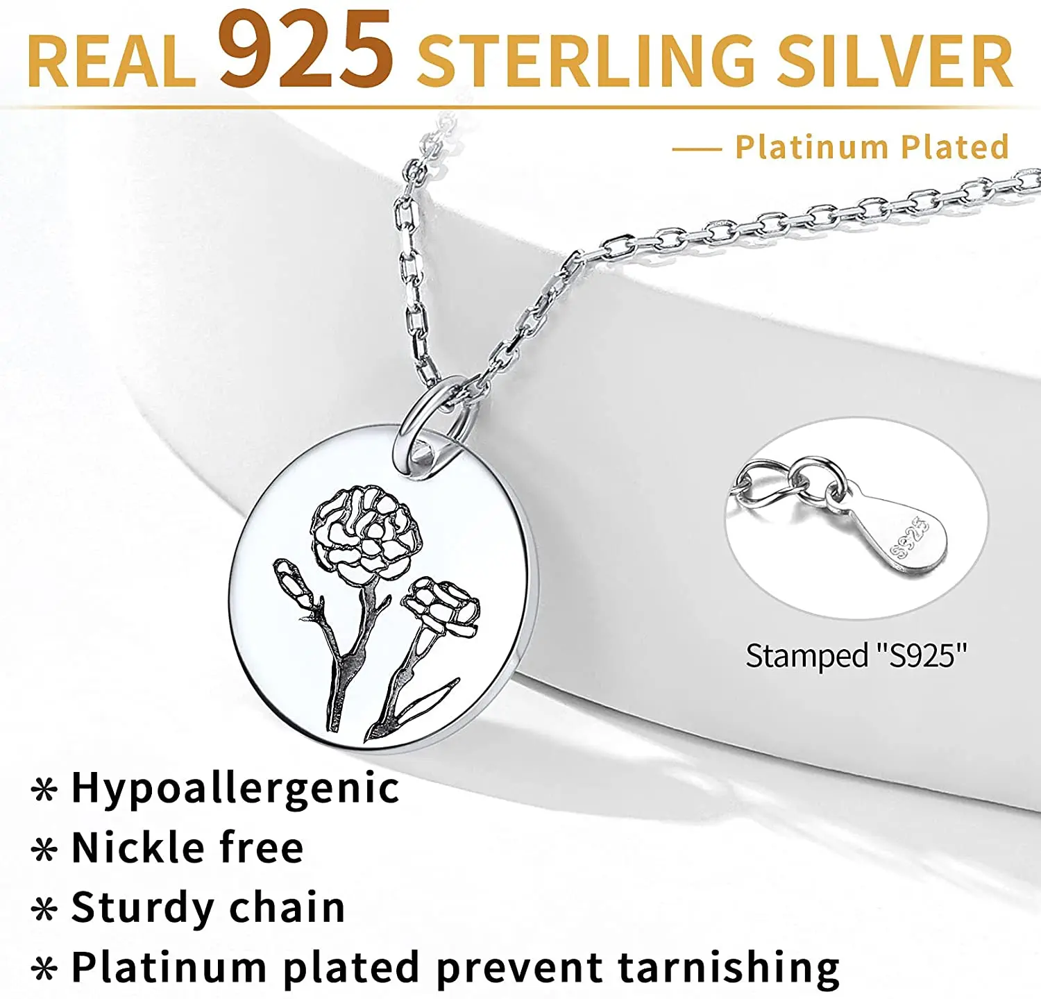 ChainsPro Women Birth Month Flower Necklace 925 Sterling Silver Dainty Engraved Floral Disc Coin Pendant Personalized Jewelry