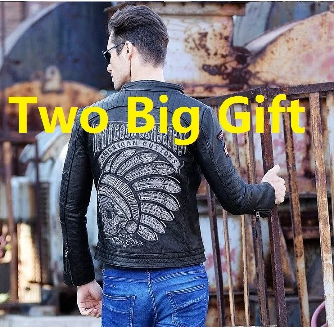 

Free shipping.Brand mens skull men's top genuine Leather biker jacket.motorcycle homme Fitness chaqueta hombre cuero,DHL