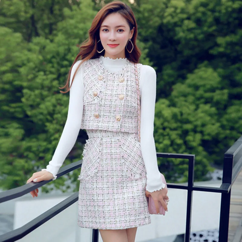 

Lady Small Fragrance Tweed 2 Pieces Set Women Sweet Single Breasted Tassel Crop Vest+White Sweater+Wool Mini A Line Skirt Set