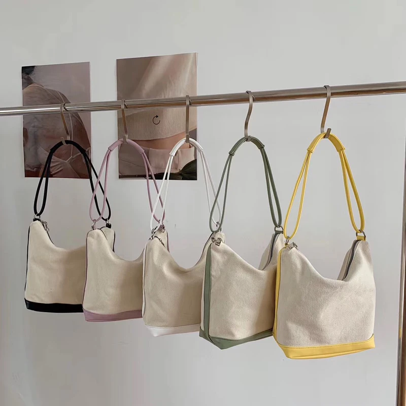

2020 Summer New Canvas Cotton Women Handbag PU Leather Designer Ladies Shoulder Bag Chic Korean Style Small Female Bucket Bag
