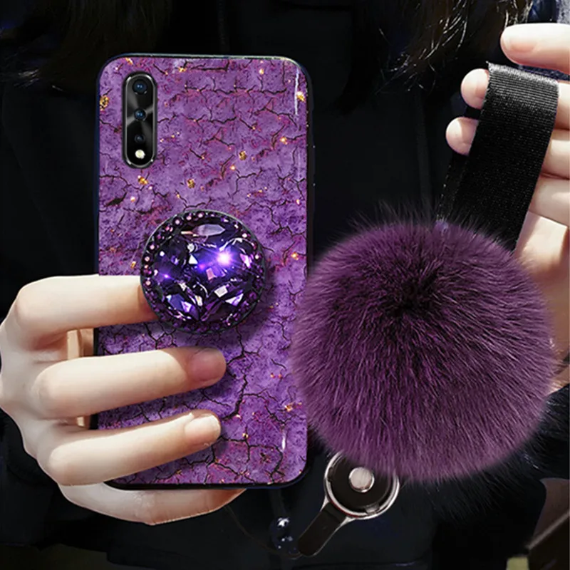 

Glitter Plush Ball Hand Strap Case For VIVO S6 S5 Z6 X30 Pro Y50 Find X2 Pro IQOO 3 Pro IQOO Neo 3 Y17 Y15 V19 Y9S Cover Coque