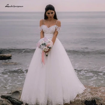 

Simple Beach Wedding Dress Boho Bridal Dresses Spaghetti Straps Lace Tulle Wedding Gown Robe de Mariee 2020 Lakshmigown