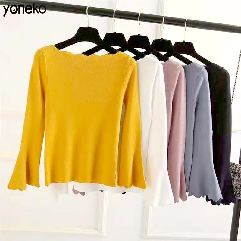 

Yoneko Fashion Slash Neck Solid Sweaters Women Black White Long Flare Sleeve Knitted Pullovers Elegant Ladies Slim Underwear