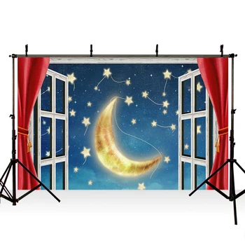 

Window hotography Prop Kids Birthday Portrait Moon Stars Window Red Curtain Dreamy Night Photo Cart For Photo Studio