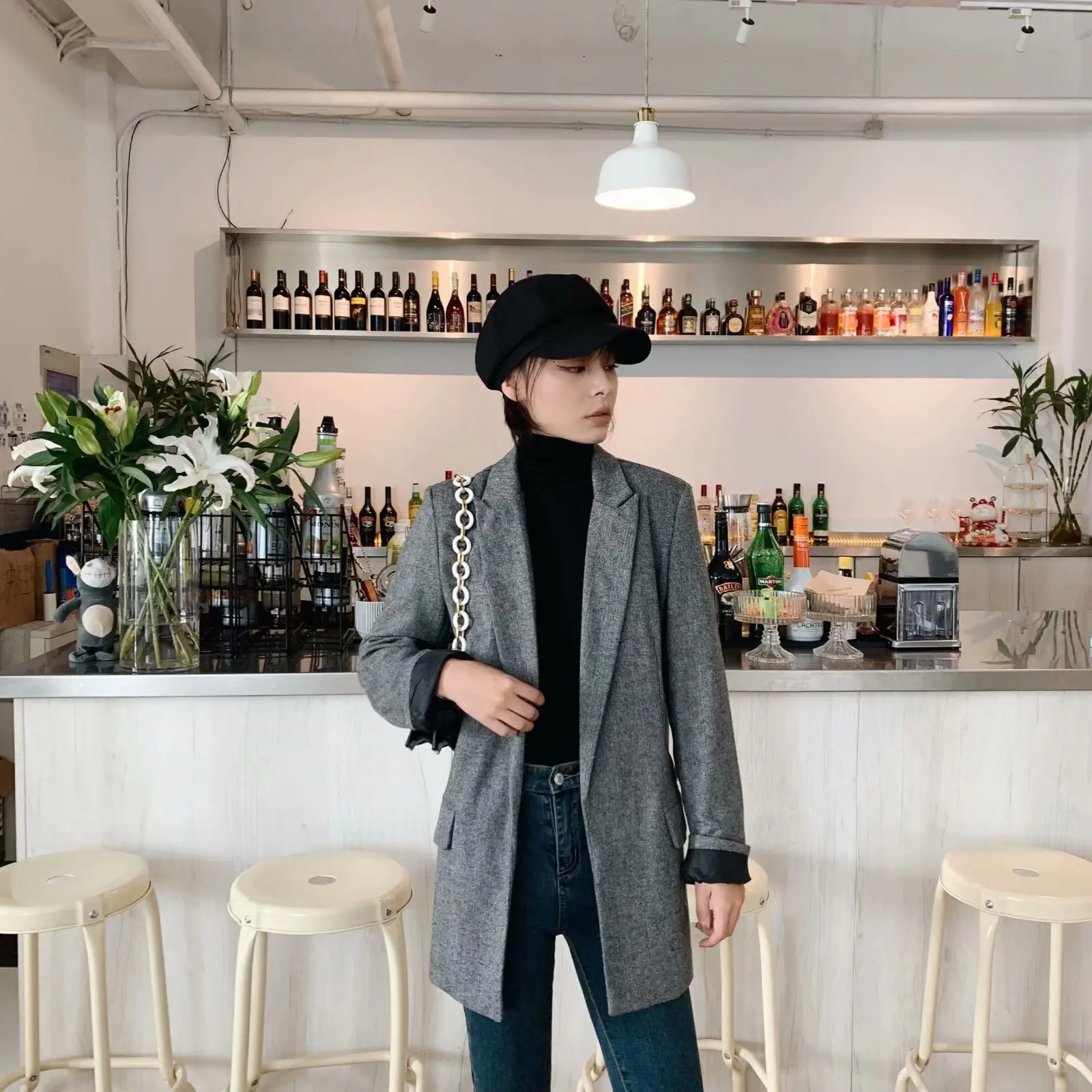 

2019 New Style Autumn Clothing Western Style Yes Versatile Suit Collar Herringbone Twill Suit Coat Women's