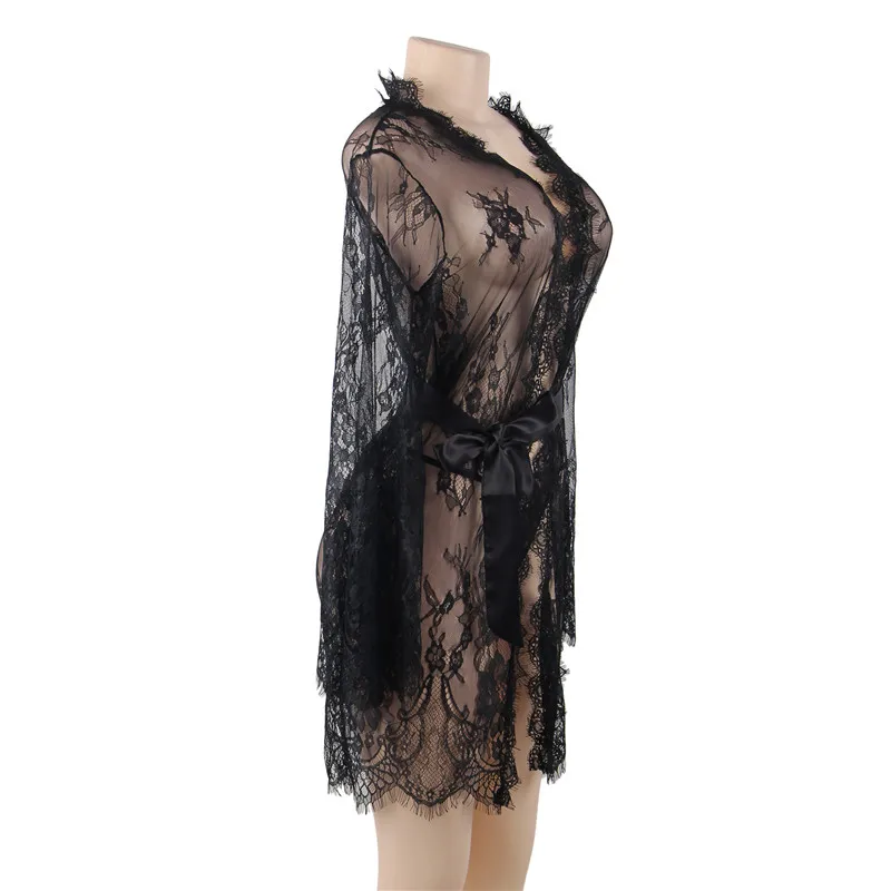 Comeonlover Короткое мини сексуальное женское белье, черное, белое, кружевное, халат, ночная рубашка с длинным рукавом, Цветочный халат для сна RE80528