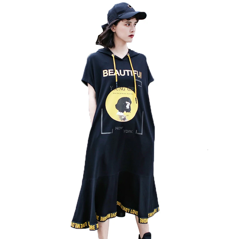

QING MO Women Fashion Print Dress Women Black Short Sleeve Mid-Calf Dress Women Summer Hooded Dress 2019 ZQY647