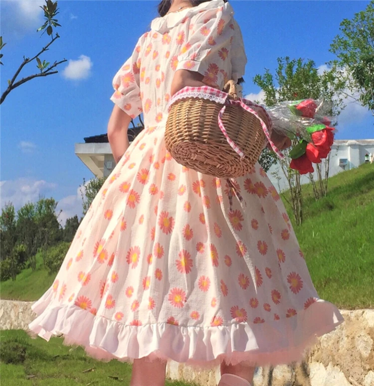 2020 Summer Soft Girly Ruffled Puff Sleeve Floral Printed Lady Dress Female Japanese Sweet Kawaii Cute Lolita Style Women Dress