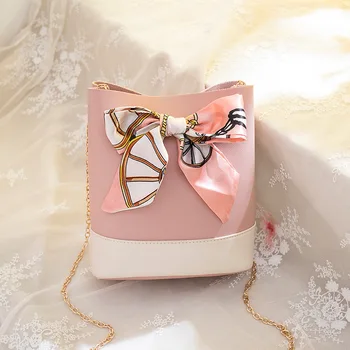 

Korean Style Color Matching Bucket Bag 2020 New Scarf Bag Bow Women's Chain Messenger Bag Women's Shoulder Bag Sanrio Bag