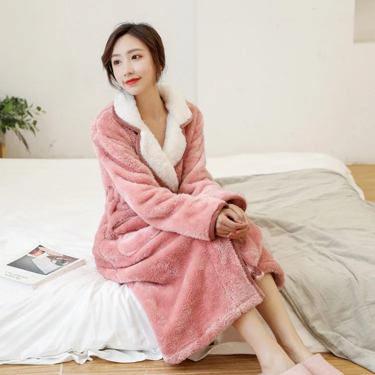 

Japanese-style Simple Couples Autumn & Winter Flannel Gown Men Women's Plush Warm plus Velvet Long Sleeve Tracksuit Bathrobe