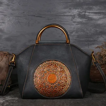 

2020 New Women Bag Handmade Embossed Genuine Leather Shoulder Bags Vintage First Layer Cowhide Lady Crossbody Bags