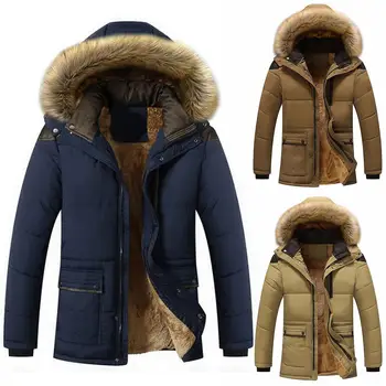 

Parka men coat winter jacket Men Thicken Fur collar hooded warm Solid Color coat with Pockets casual men coat