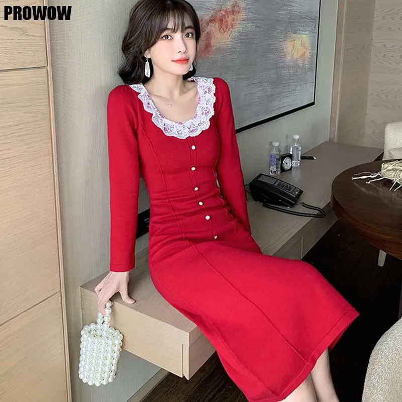 2020 Dress Autumn Winter Long Sleeve For Women Lace Stitching Square Collar Slim Dress Korean French Elegant Party Knitted Dress