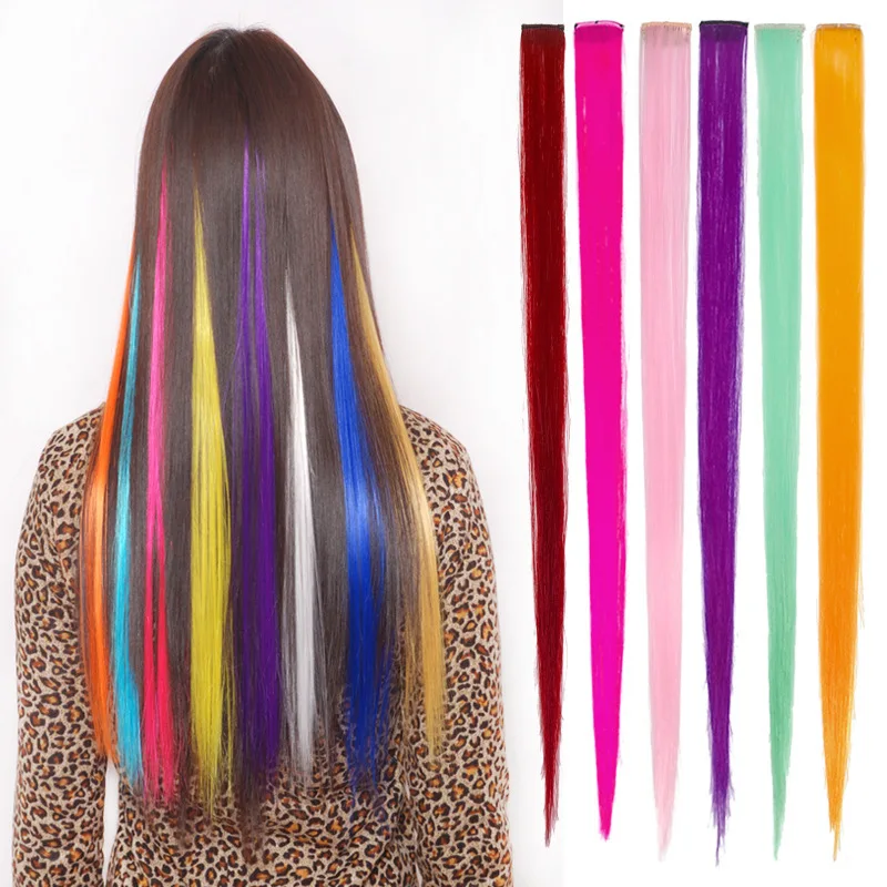 

1 PCS Fashion Girl Colorful Seamless Piece Long Straight Hair Wig With Color Clip Hair Extension Piece