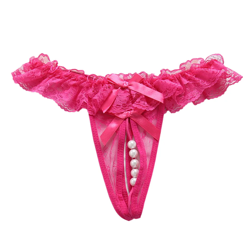 Open Lace Crotch Thong Mesh Pearl G-string Straps Sexy Lingerie Temptation Pants Women's Soft Briefs Bow Panty Underwear 51*