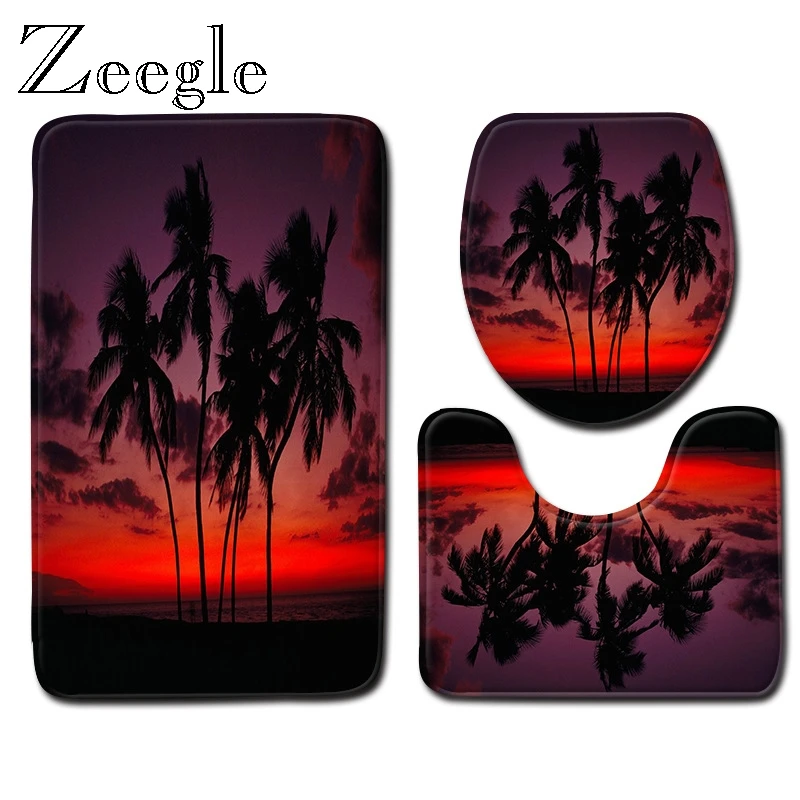 Zeegle Printed Coconut Tree Bath Mat Set Lid Toile Cover Mat Set Water Absorption Toilet Soft Foot Rug Bathroom Accessories