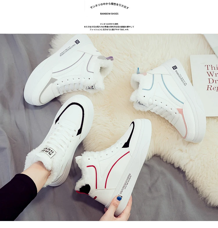 New Winter Platform Women Snow Boots Woman White Warm Plush Thick Bottom Sneakers High Top Flat PU Leather Casual Shoes