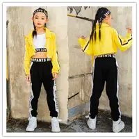 Одежда для девочек в стиле хип-хоп; желтая куртка; черные брюки; сценический комплект; одежда для уличных танцев; детская Одежда для танцев;
