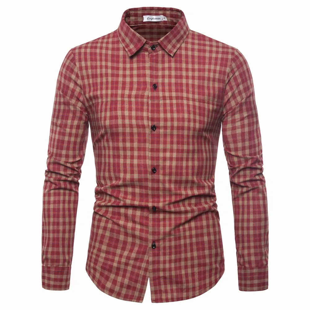 Красный Мужская Повседневная рубашка Slim Fit Мужская Повседневная рубашка на пуговицах в мелкую клетку рубашка с длинными рукавами официальные сорочки мужская одежда - Цвет: Красный
