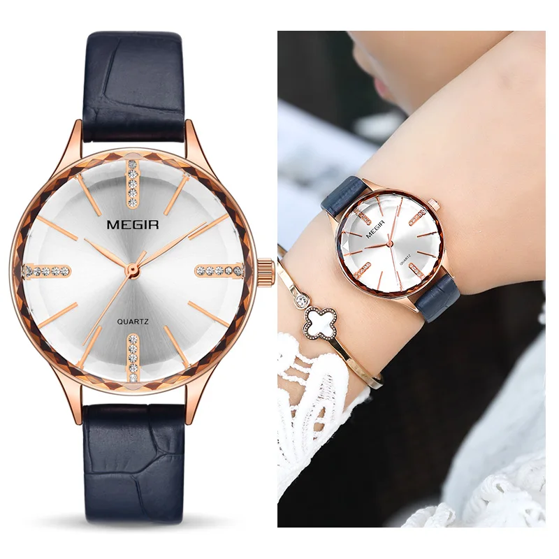 Tanie MEGIR luksusowe kobiety zegarki Reloj Mujer niebieski skórzany damski zegarek kwarcowy kobiet zegarki na rękę zegar Relogio Feminino Dropshipping