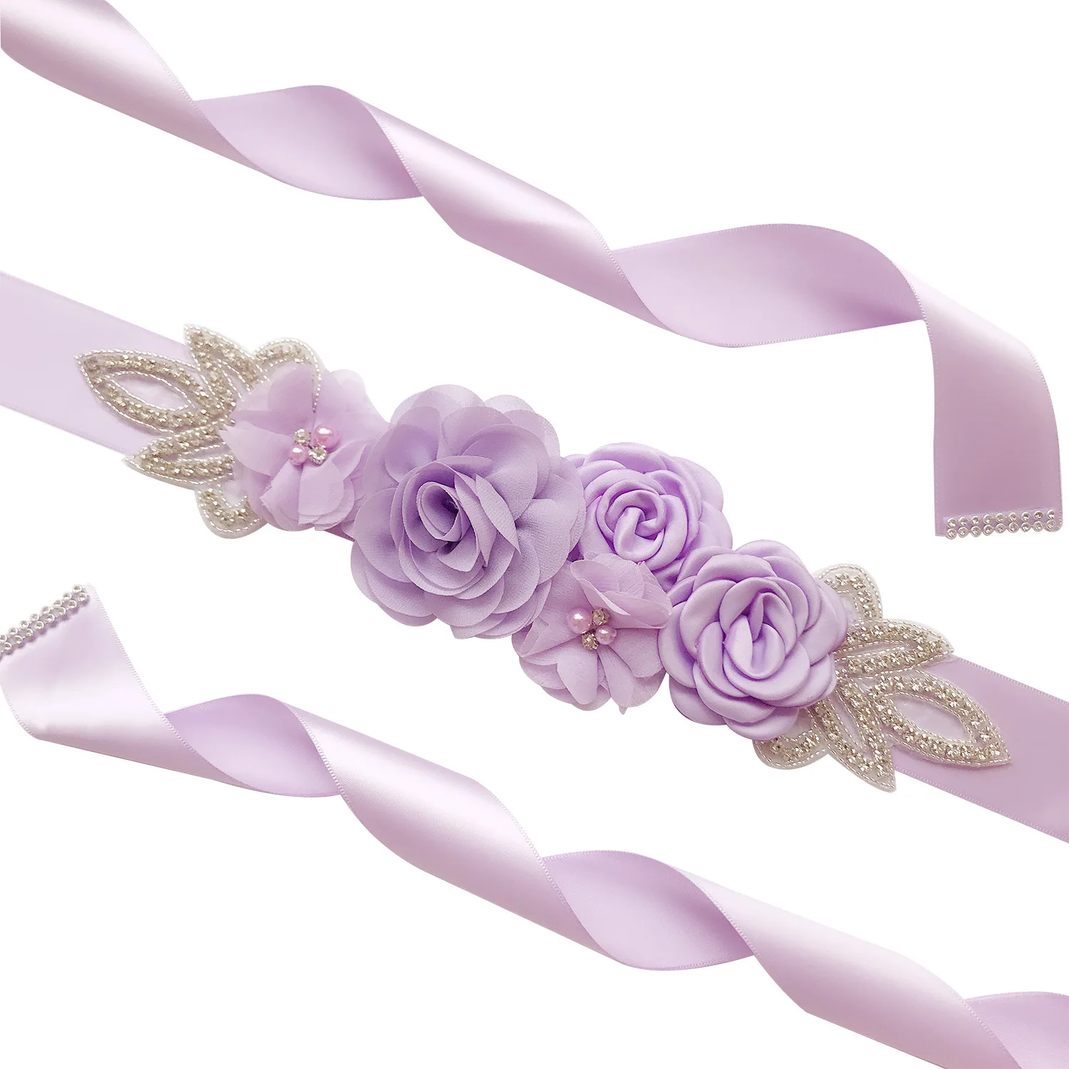 TraveT Maternity Flower Sash Belt Headband Set for Women Girls Faux Pearl Crystal Rhinestone Wedding Baby Shower Sash,Light Purple
