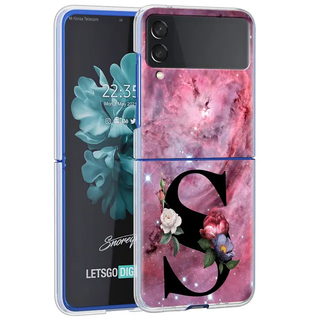 Letter A B Flowers Pink Case For Samsung Galaxy Z Flip 3 5G Transparent Hard Cell Phone Cover ZFlip3 Clear PC Luxury Fundas H19