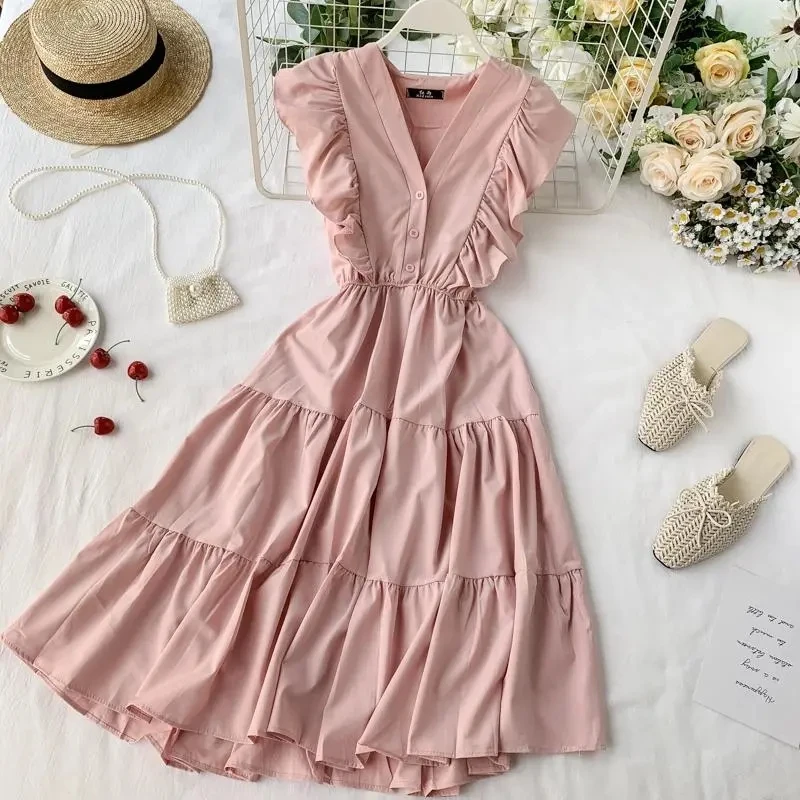 Elegant Women Midi Dress Fashion Summer Button A Line Sleeveless Ruffles Button High Waist Female Beach Vestidos New