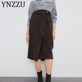 

YNZZU Vintage Velvet Autumn Winter Skirts Women Wrap High Waist Tie Bow Buttons Split Skirts Womens Bottoms High Quality AB252