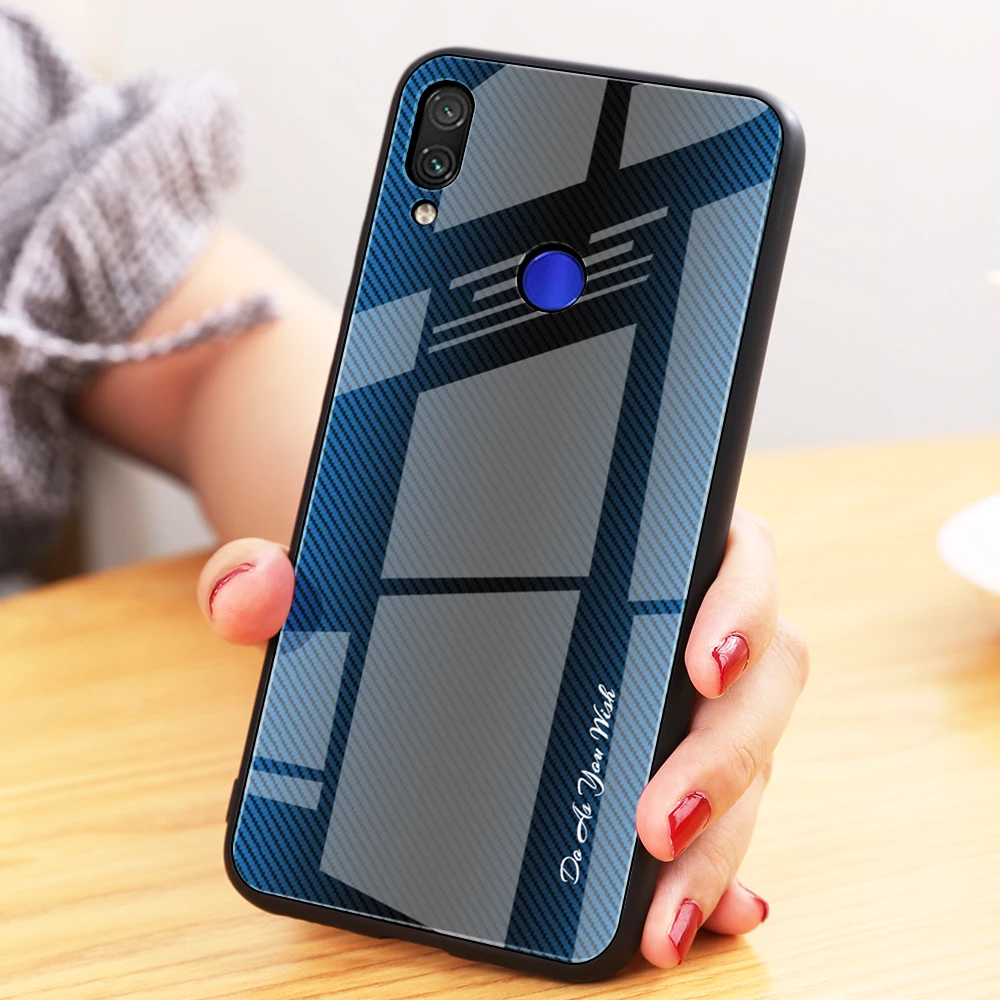 For Xiaomi Redmi Note 7 Pro Texture Glass Phone Case Gradient Tempered note7 Back Cover TPU Soft Frame | Мобильные телефоны и