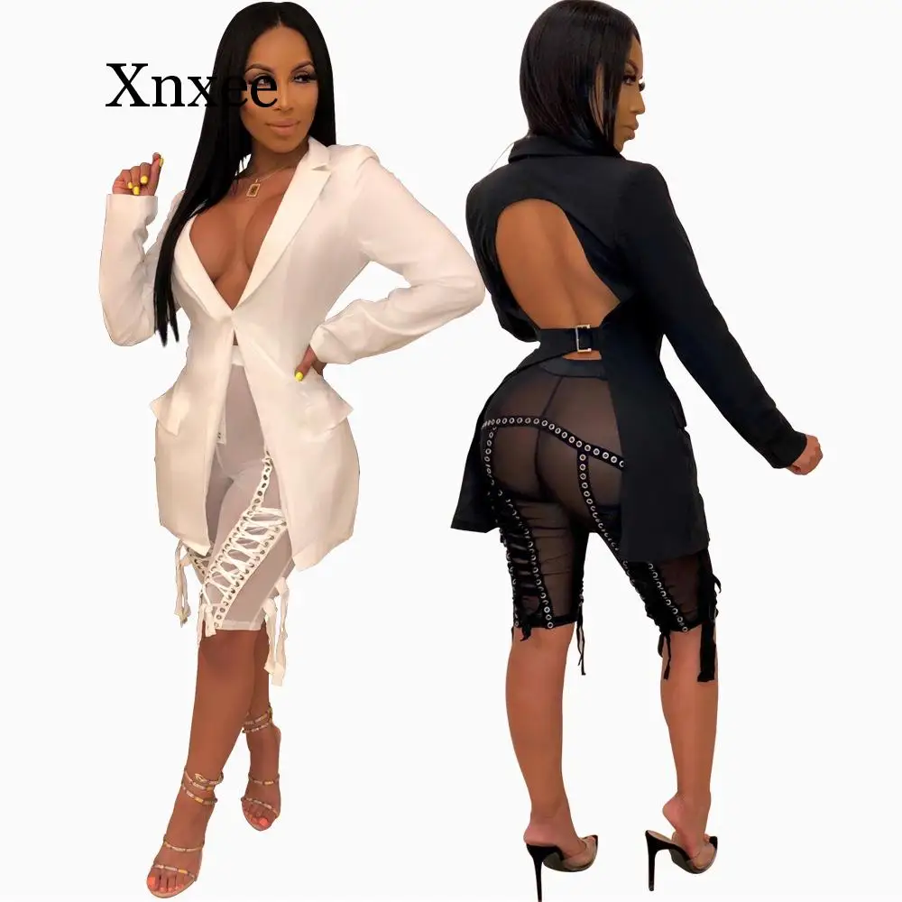 

Autumn Winter Long Sleeve Notched Striped Solid Color Irregular Open Back Sexy Elegant Blazer Suits white backless
