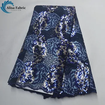 

2019 Royal Blue design Nigerian lace fabrics with Embroidery Lace And Sequins African mesh Lace Fabrics For Home Decoration