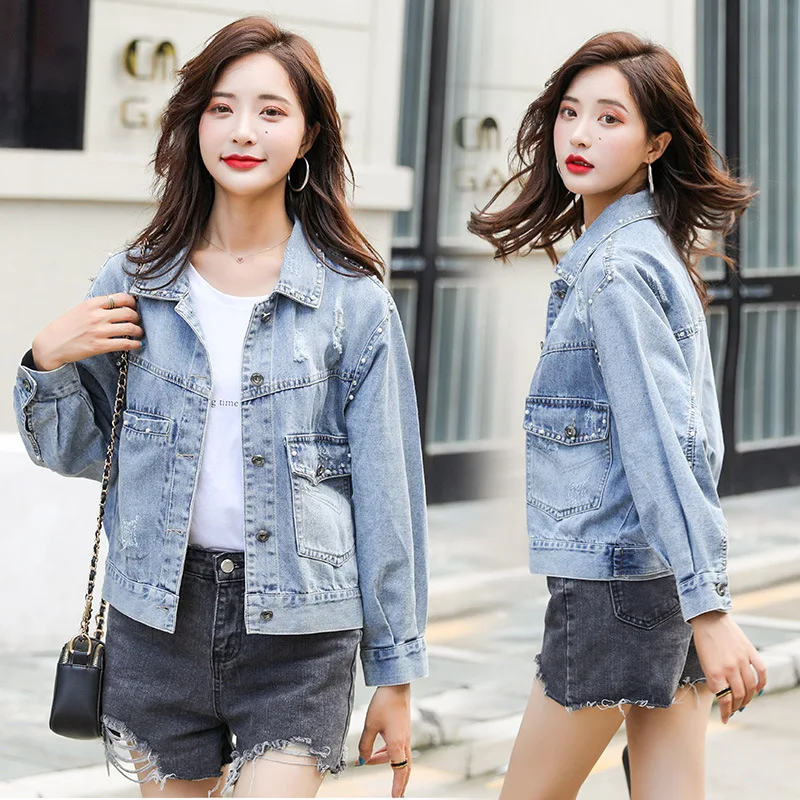 lower price  2019 Spring And Autumn Jeans Coat Women's Short Long Sleeve New Style Loose Cowboy Clothing Jacket 