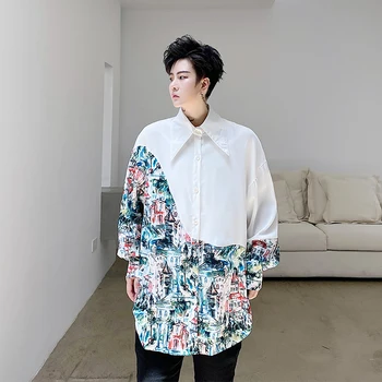 

Male Streetwear Vintage Fashion Loose Shirt Stage Clothing Men Flower Pattern Splice White Casual Long Sleeve Shirts