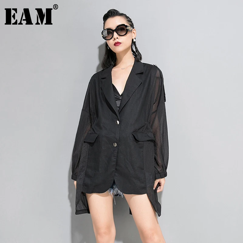 

[EAM] Loose Fit Perspective Button Thin Big Size Jacket New Lapel Long Sleeve Women Coat Fashion Tide Spring Autumn 2020 JZ192