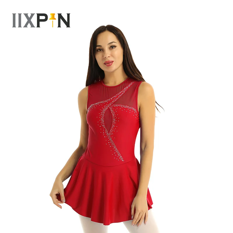 Women Shiny Rhinestones Figure Ice Skating Dress Sleeveless Keyhole Back Mesh Splice Bodice Roller Ballet Leotard | Тематическая