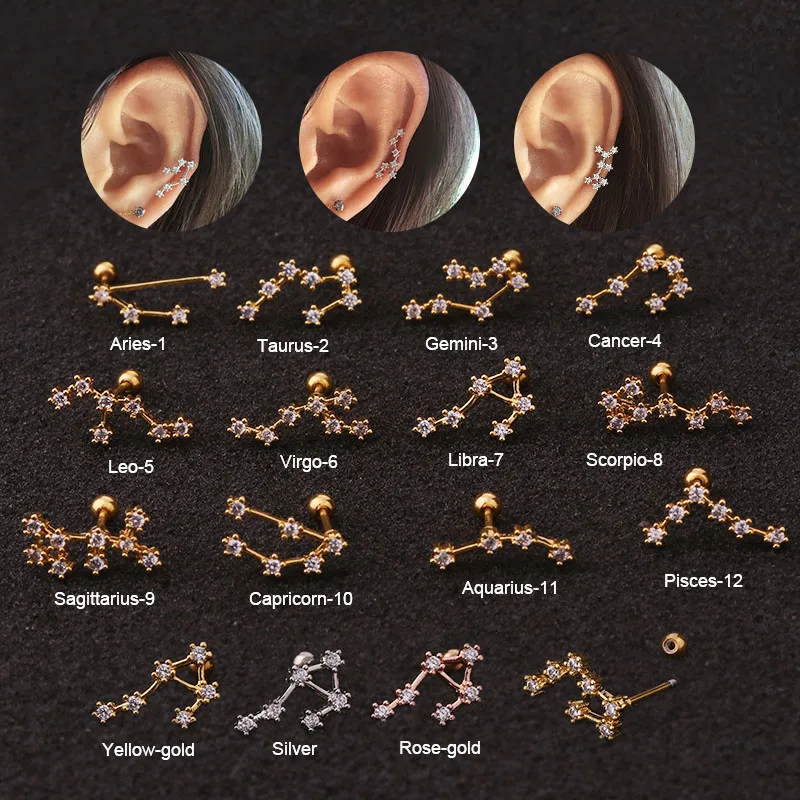 

Sellsets 1Pc 20g Stainless Steel Twelve Constellation Ear Piercing Jewelry Cz Cartilage Helix Lobe Screw Back Stud Earring