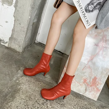 

Luxury 2020 Women Soft Leather Ankle Boots Square Toe Orange White 7cm High Heels Western Cowboy Boots Sock Boots Botas Mujer