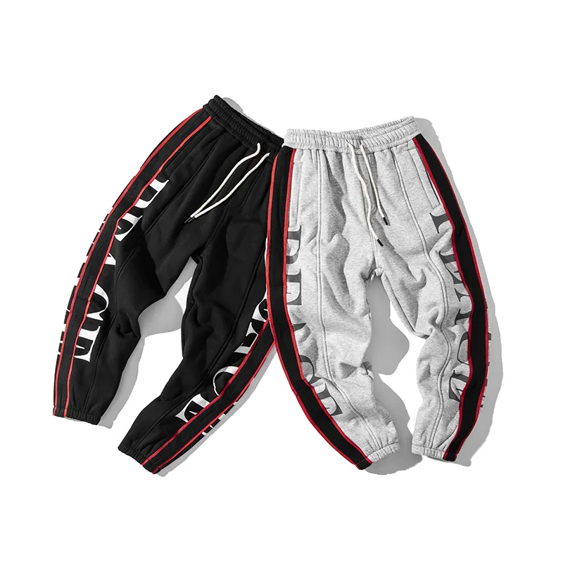 

City Where the Product 2019 Winter Style Printed Letter Men Lace-up Pants Beam Leg Athletic Pants plus Velvet Athletic Pants