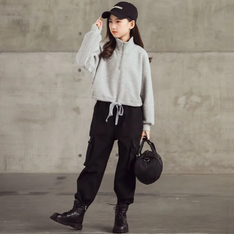 

Spring Autumn Children'S Clothing Teens Girls Suits New Half Zipper Pocket Long Sleeve +Sports Pants Casual Sports Hip-Hop Suit