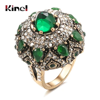 

Kinel Unique Natural Green Stone Rings For Women Vintage Antique Gold Crystal Flower Big Ring Christmas Gift Turkish Jewelry