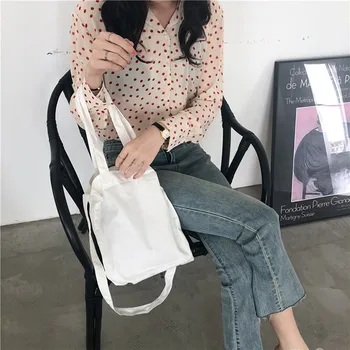 

Hot Solid Canvas Shoulder Bags Embroidered Art Female Students Tote Package Crossbody Bags Reusable Travel Folding Shopping Bag