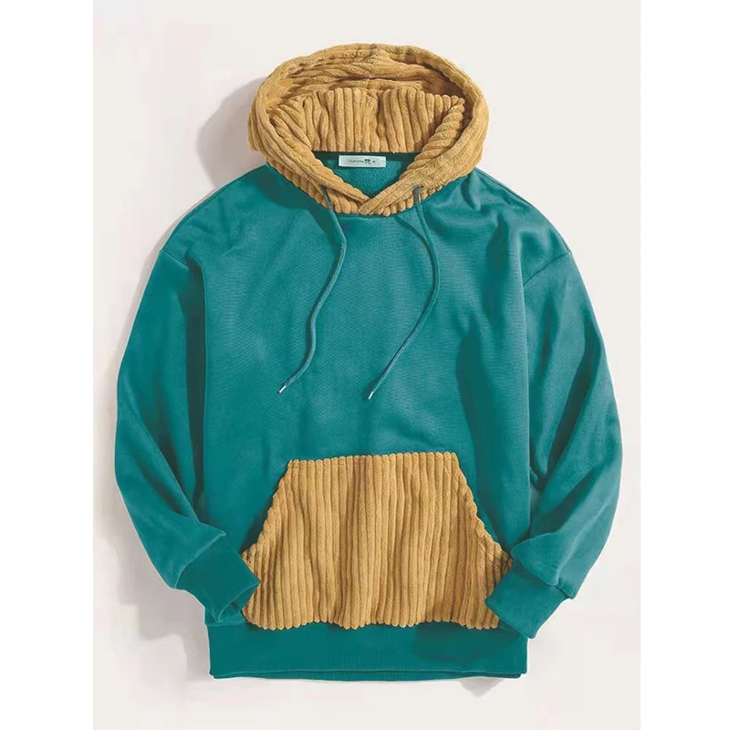 Fall And Winter Men’s Fashion Patchwork Corduroy Hood Sports Sweater