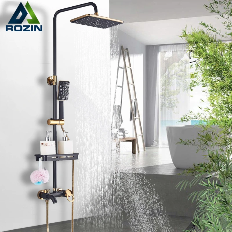Rozin Black Gold Shower Faucet Set Bathroom Rainfall Shower Kit With
