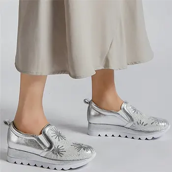 

Shiny Glitter Fashion Sneakers Women Sliver Cow Leather Wedges Ankle Boots Female Round Toe Platform Pumps Shoes Casual Shoes