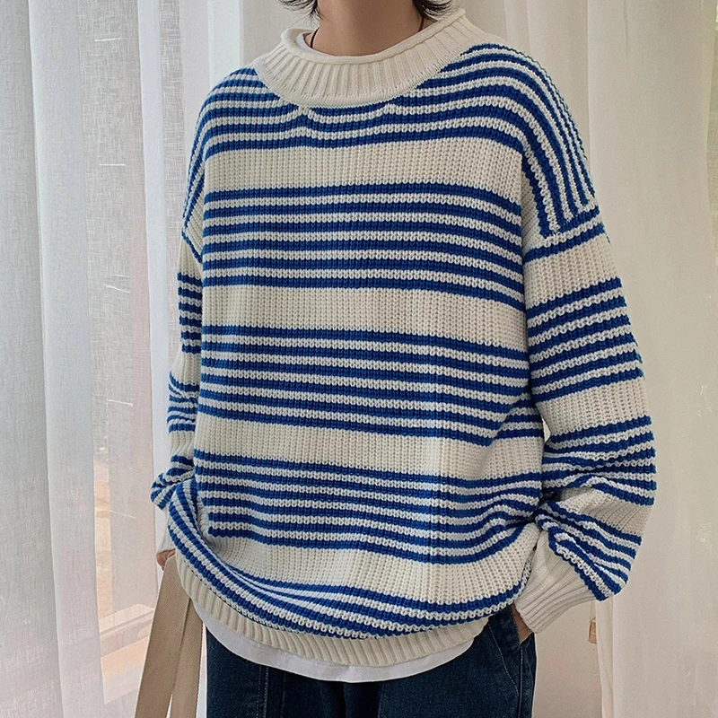 

Winter New Thick Sweater Men Warm Fashion Contrast Color Striped Casual Knit Pullover Man Streetwear Loose Long-sleeved Sweater