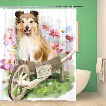 

Bathroom Shower Curtain Dog Puppy Watercolor Painter Animal Spring Cart Flowers Sheltie Polyester Fabric 72x78 inches Waterproof