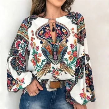 

2019 Boho Blouse Floral Print Lantern Sleeve Shirt Sexy Lace-up Tassel O-Neck Women Tops Spring Autumn Chic Loose Blouses 3XL