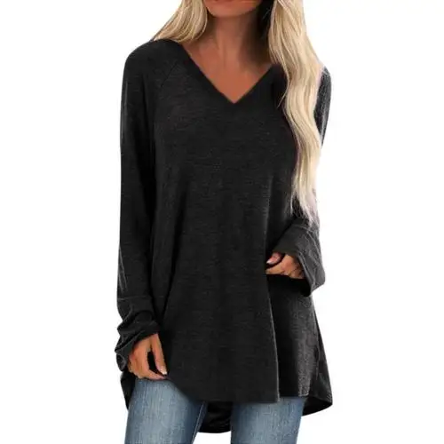 t shirt women 2021 fashion Plus Size Women T-Shirt Autumn Solid Color Long Sleeve V Neck Pullover Loose Midi T-Shirt Top xxxxxl black t shirt for men Tees